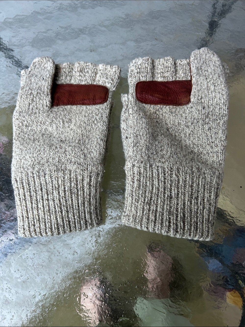 Men's Wool Blend Convertible Fingerless Gloves with Brown Leather Accent Land’s